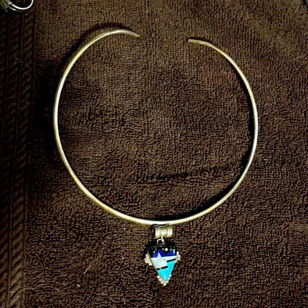 Lapse mother of pearl and turquoise sterling silver slide and silver collar